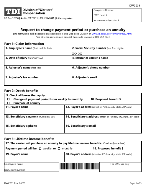Form DWC031 Request to Change Payment Period or Purchase an Annuity - Texas