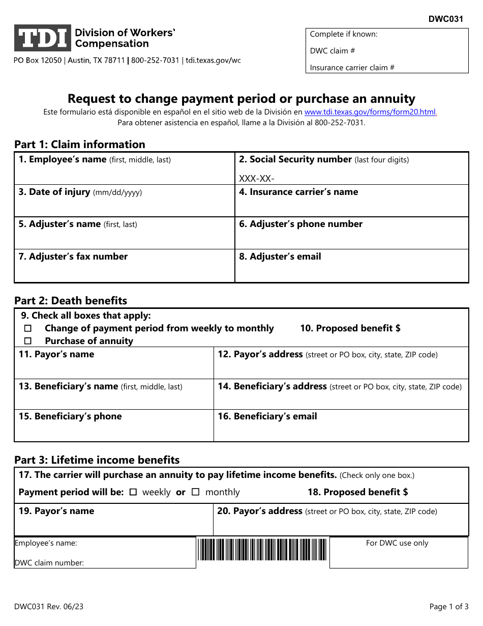 Form DWC031 Request to Change Payment Period or Purchase an Annuity - Texas, Page 1