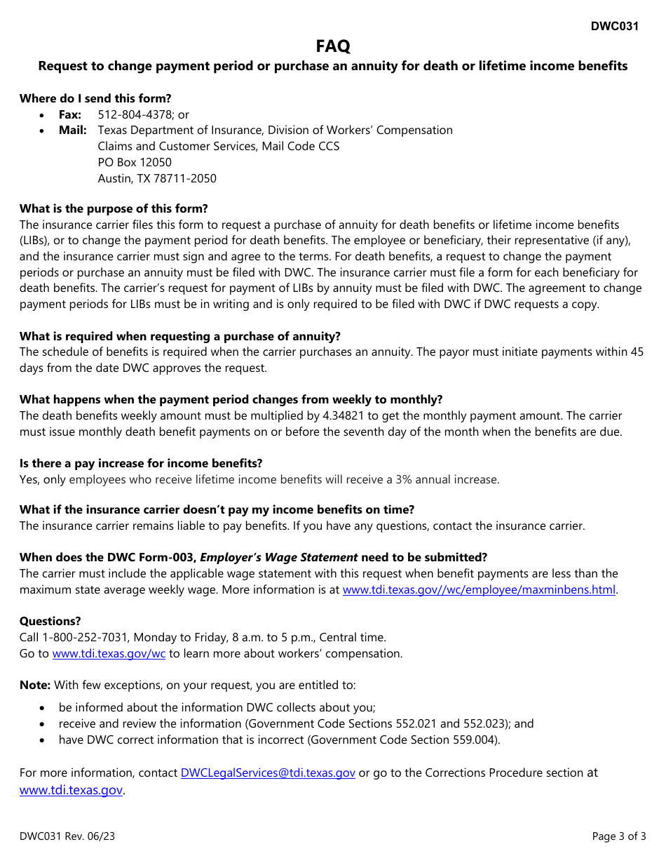 Form DWC031 Request to Change Payment Period or Purchase an Annuity - Texas, Page 3