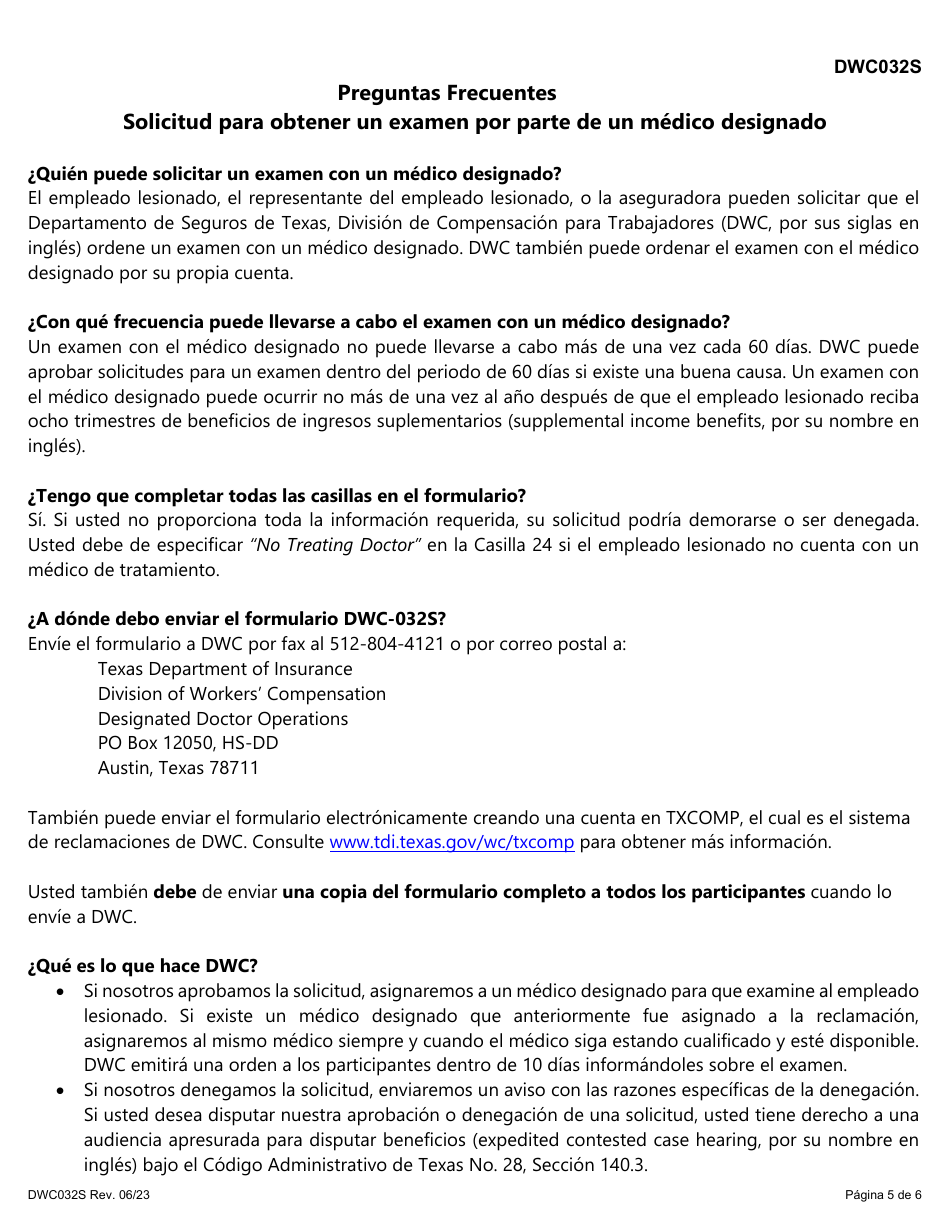 Formulario DWC032S Solicitud Para Obtener Un Examen Por Parte De Un Medico Designado - Texas (Spanish), Page 5