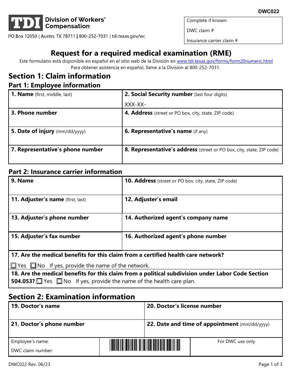 Form DWC022 Request for a Required Medical Examination (Rme) - Texas, Page 1
