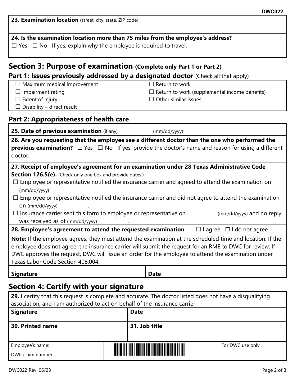 Form DWC022 Request for a Required Medical Examination (Rme) - Texas, Page 2