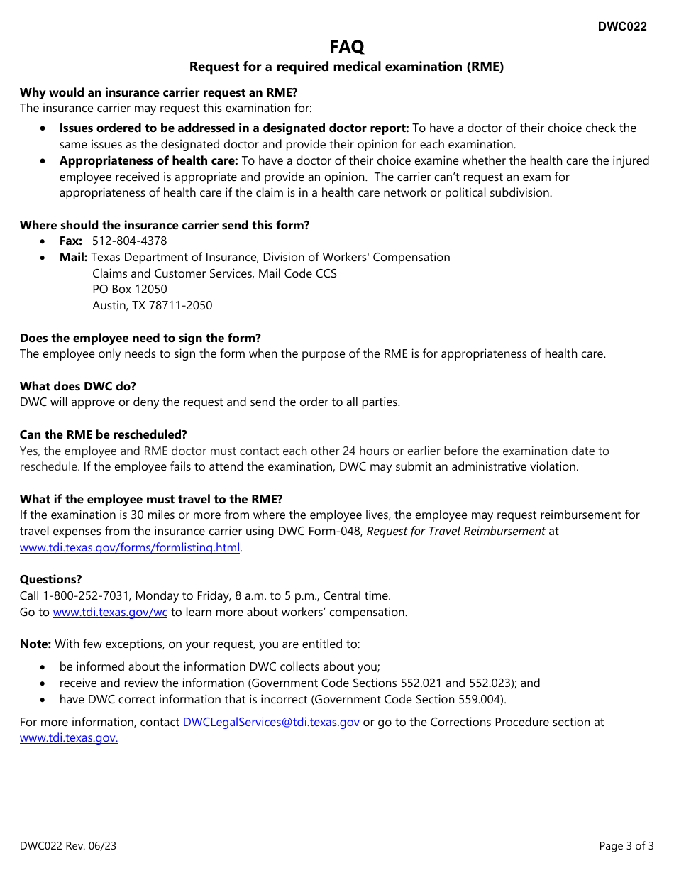 Form DWC022 Request for a Required Medical Examination (Rme) - Texas, Page 3