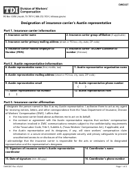 Document preview: Form DWC027 Designation of Insurance Carrier's Austin Representative - Texas