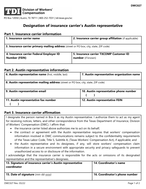 Form DWC027 Designation of Insurance Carrier's Austin Representative - Texas