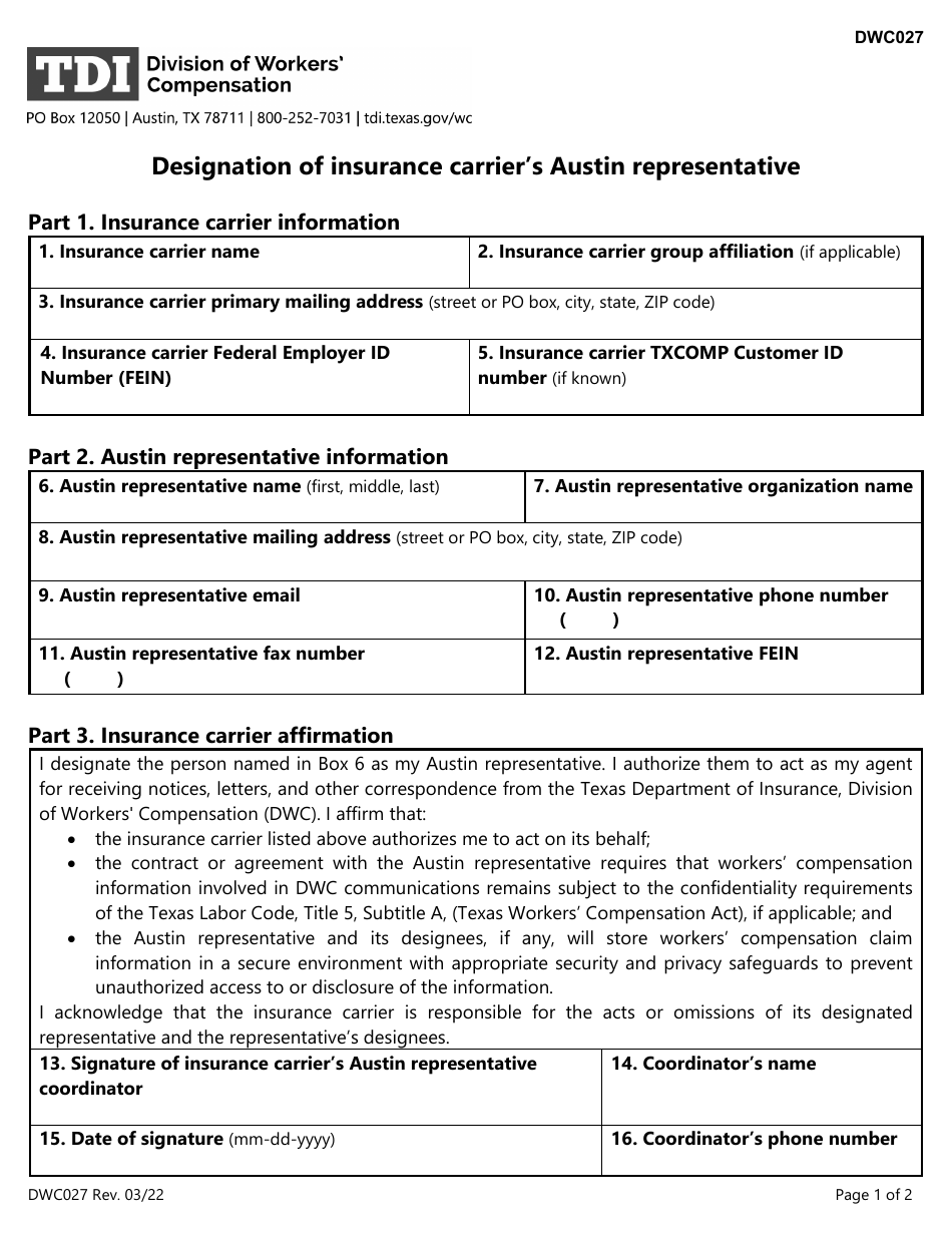 Form DWC027 Designation of Insurance Carriers Austin Representative - Texas, Page 1
