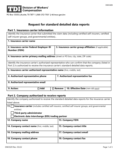 Form DWC029 Request for Standard Detailed Data Reports - Texas