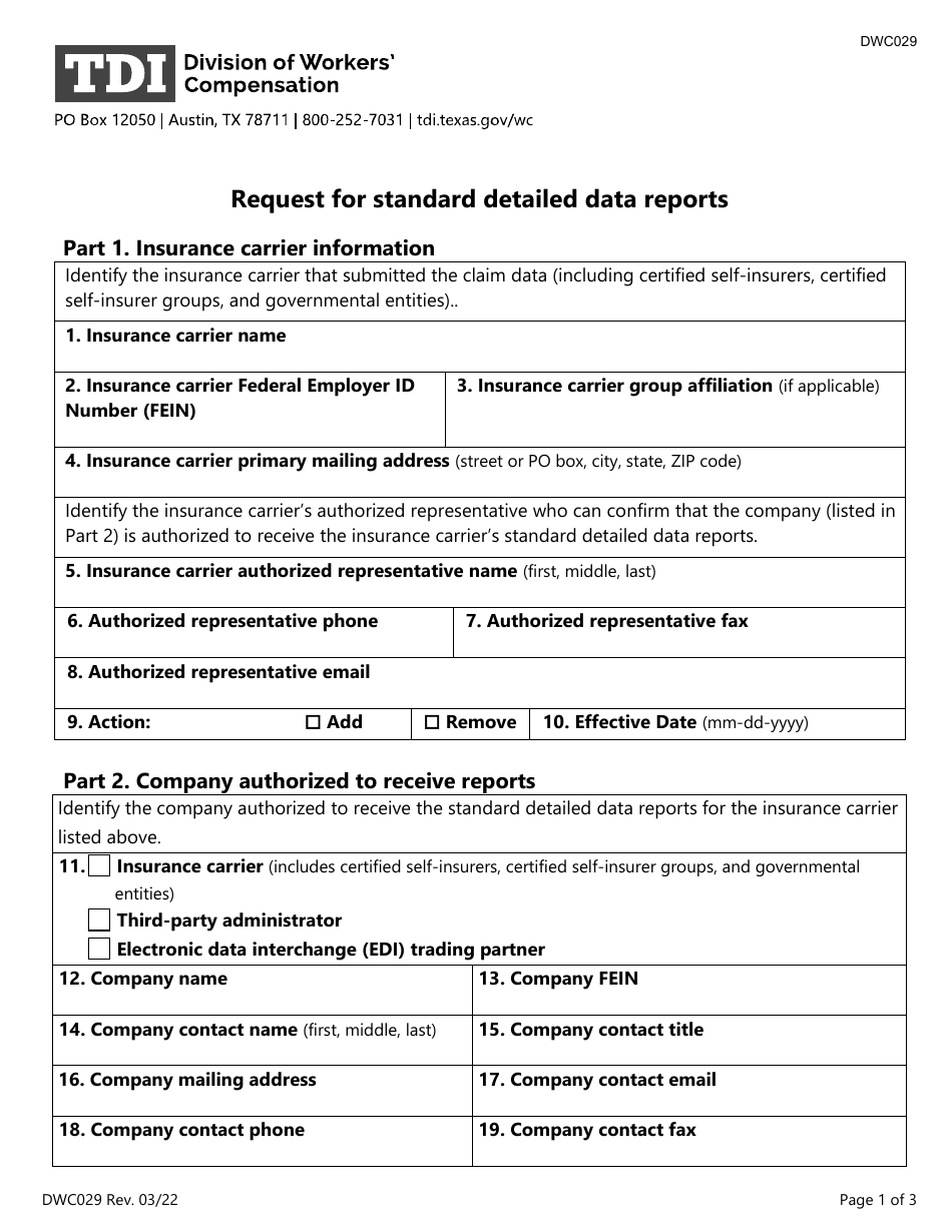 Form DWC029 Request for Standard Detailed Data Reports - Texas, Page 1