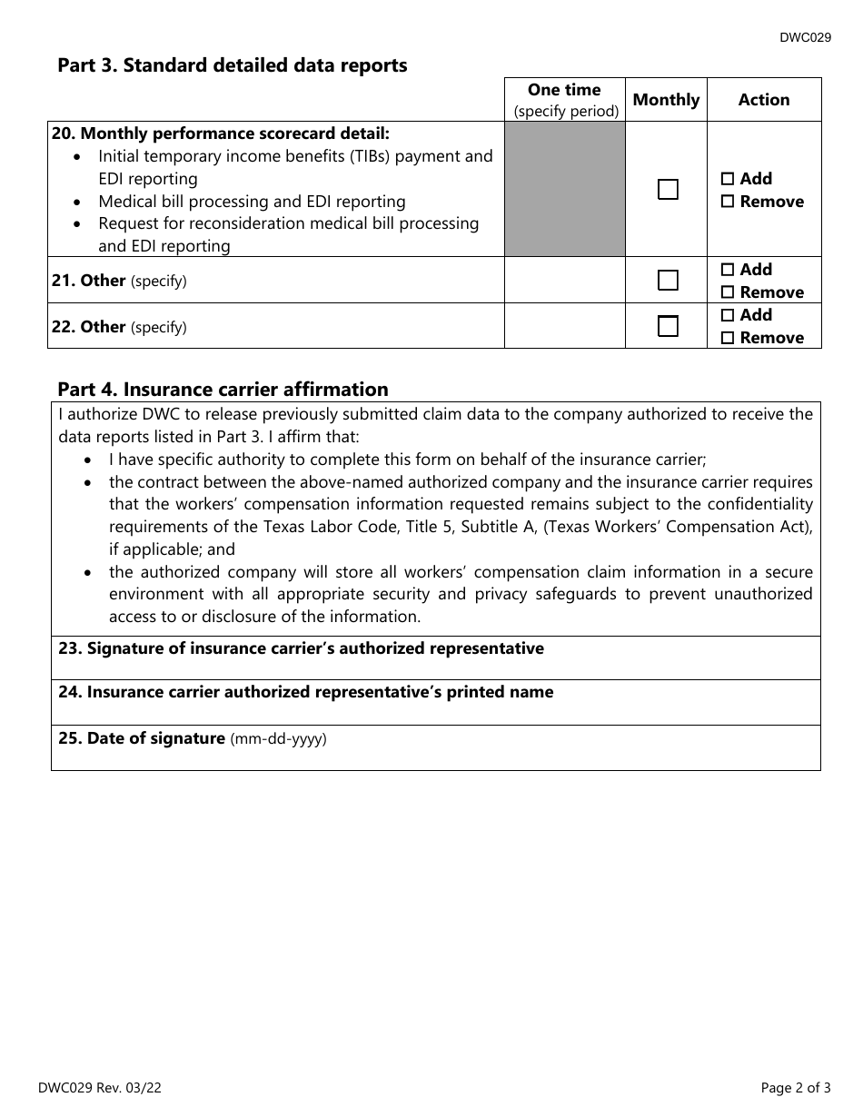 Form DWC029 Request for Standard Detailed Data Reports - Texas, Page 2