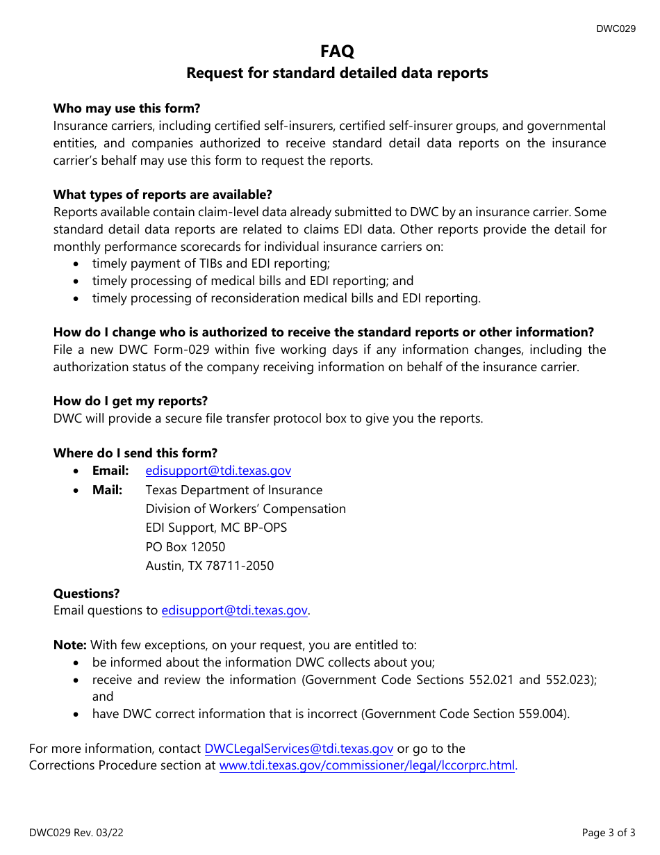 Form DWC029 Request for Standard Detailed Data Reports - Texas, Page 3