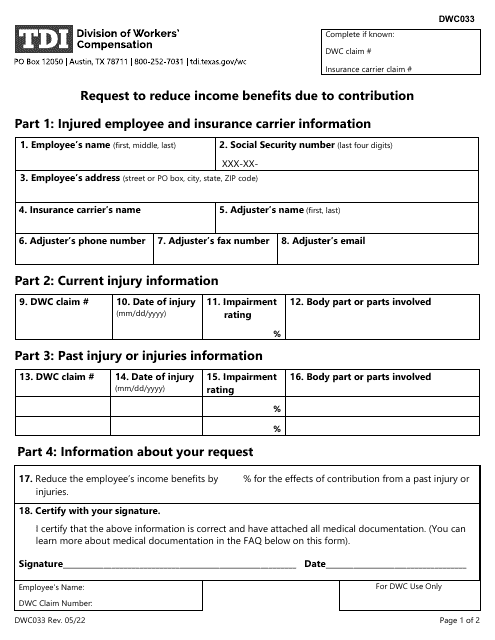 Form DWC033 Request to Reduce Income Benefits Due to Contribution - Texas