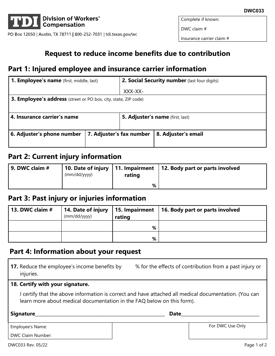 Form DWC033 Request to Reduce Income Benefits Due to Contribution - Texas, Page 1