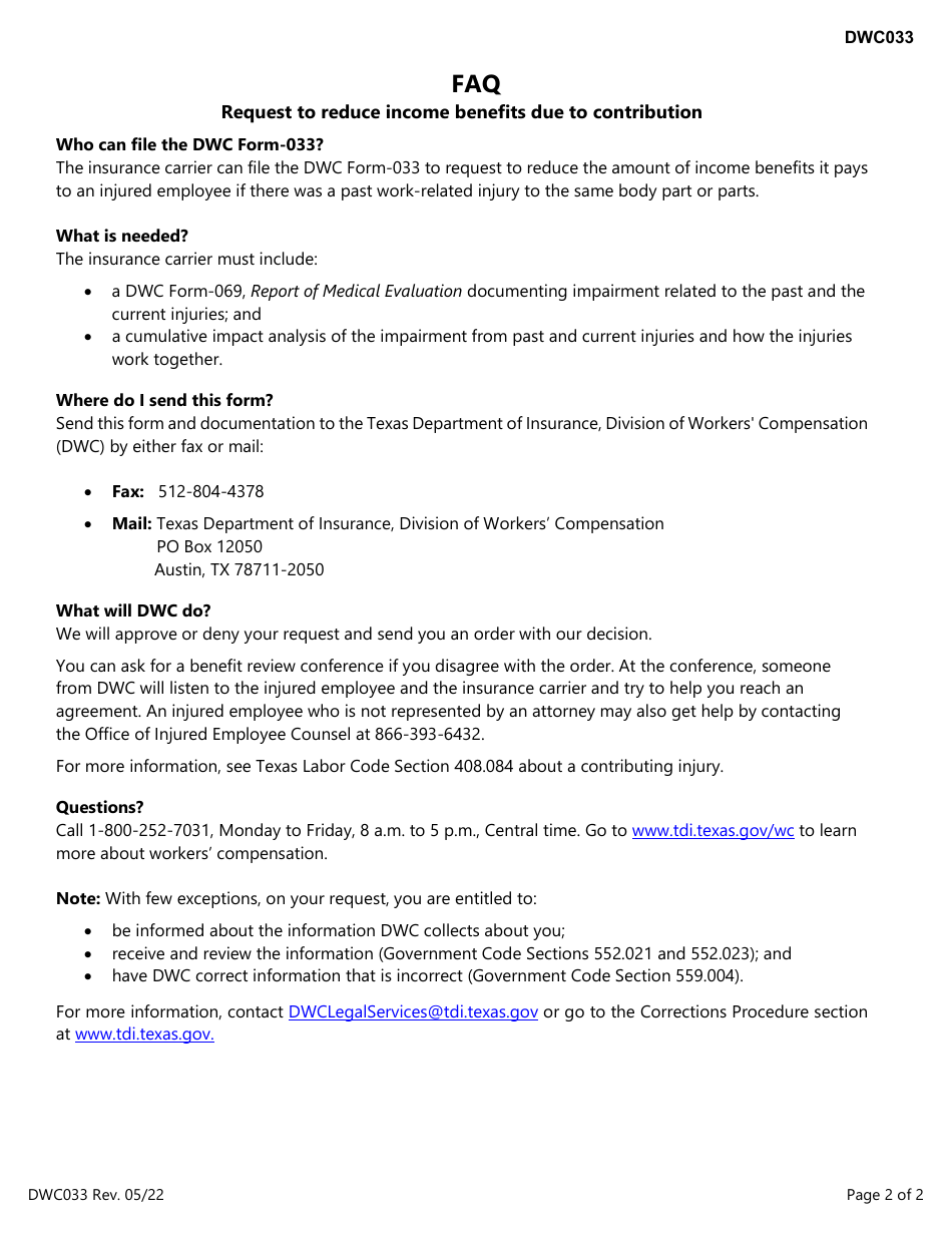 Form DWC033 Request to Reduce Income Benefits Due to Contribution - Texas, Page 2