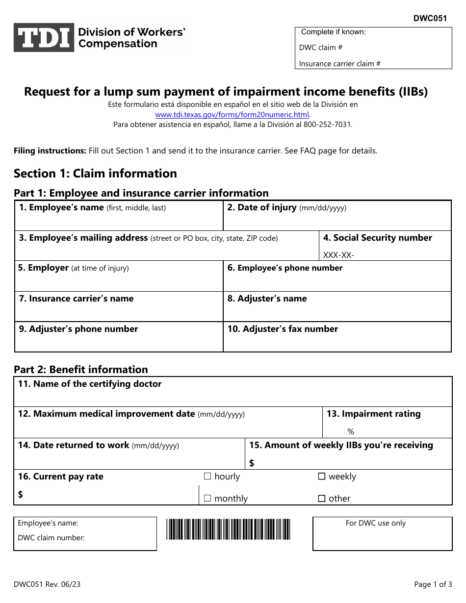 Form DWC051 Request for a Lump Sum Payment of Impairment Income Benefits (Iibs) - Texas, Page 1