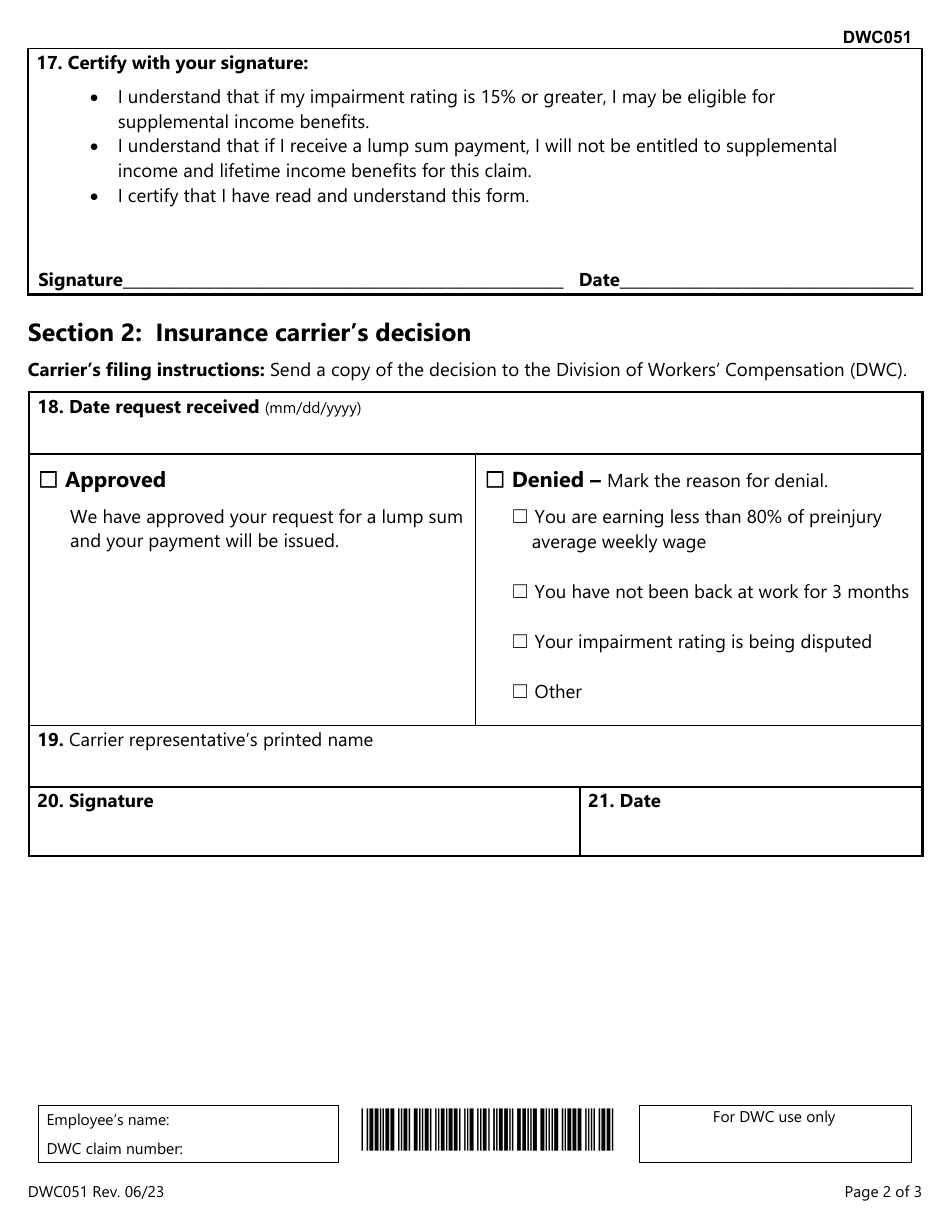 Form DWC051 Request for a Lump Sum Payment of Impairment Income Benefits (Iibs) - Texas, Page 2