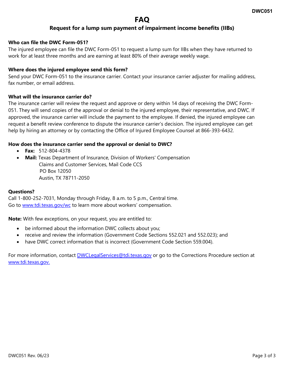 Form DWC051 Request for a Lump Sum Payment of Impairment Income Benefits (Iibs) - Texas, Page 3