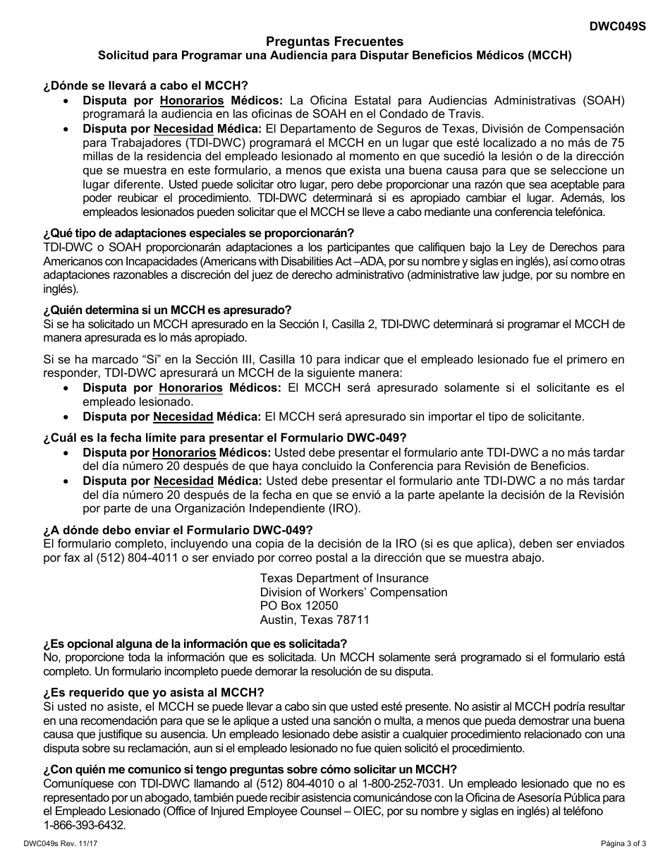 Formulario DWC049S Solicitud Para Programar Una Audiencia Para Disputar Beneficios Medicos (Medical Contested Case Hearing - Mcch, Por Su Nombre Y Siglas En Ingles) - Texas (Spanish), Page 3