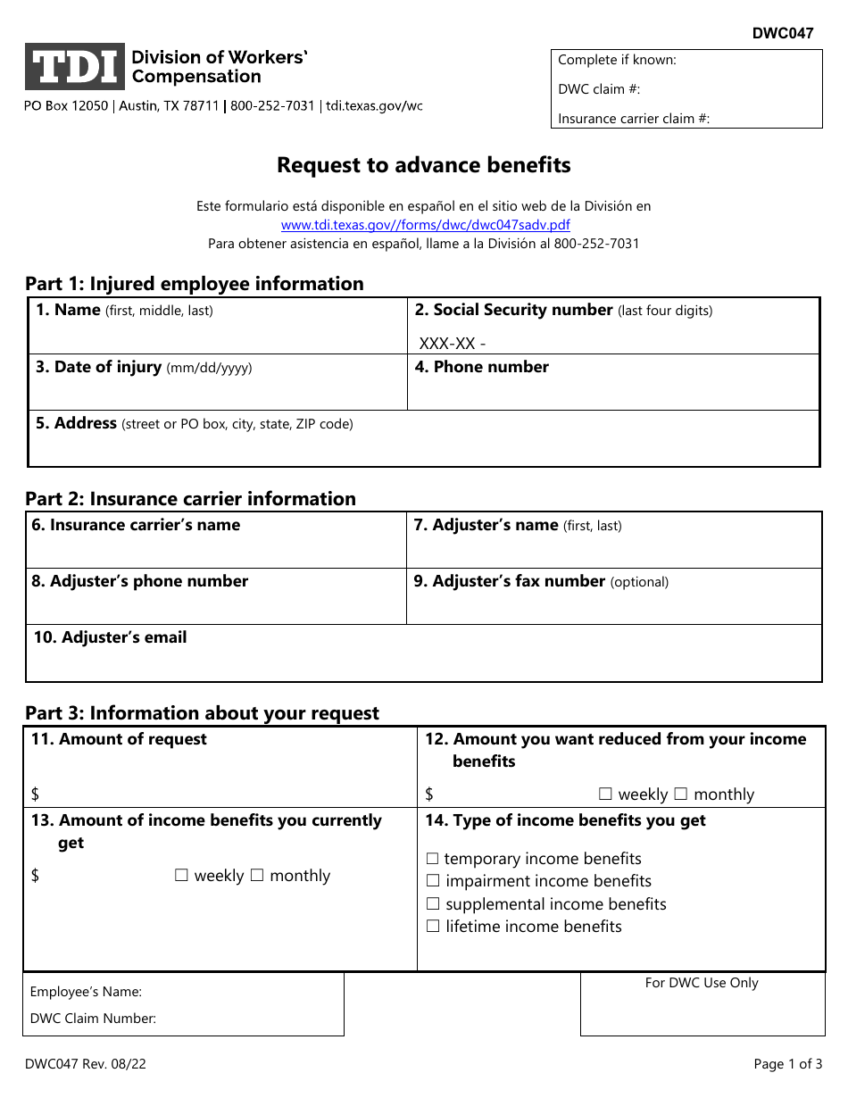 Form DWC047 Request to Advance Benefits - Texas, Page 1
