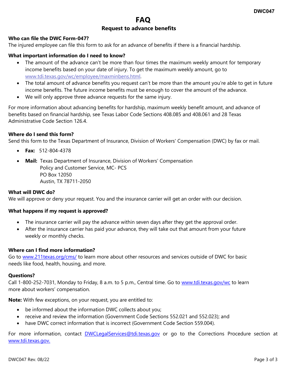 Form DWC047 Request to Advance Benefits - Texas, Page 3