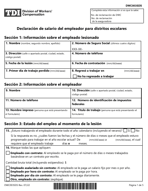 Formulario DWC003SDS Declaracion De Salario Del Empleador Para Distritos Escolares - Texas (Spanish)
