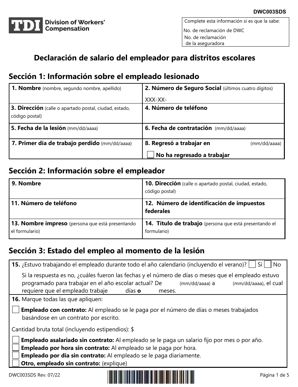Formulario DWC003SDS Declaracion De Salario Del Empleador Para Distritos Escolares - Texas (Spanish), Page 1