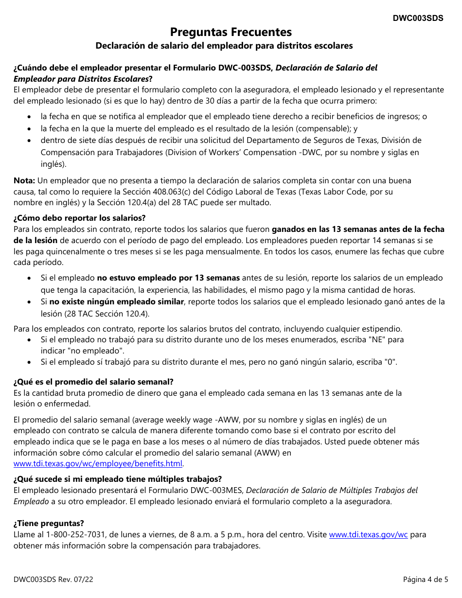 Formulario DWC003SDS Declaracion De Salario Del Empleador Para Distritos Escolares - Texas (Spanish), Page 4