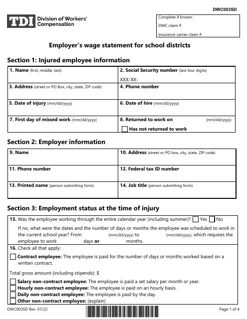 Form DWC003SD Employer's Wage Statement for School Districts - Texas