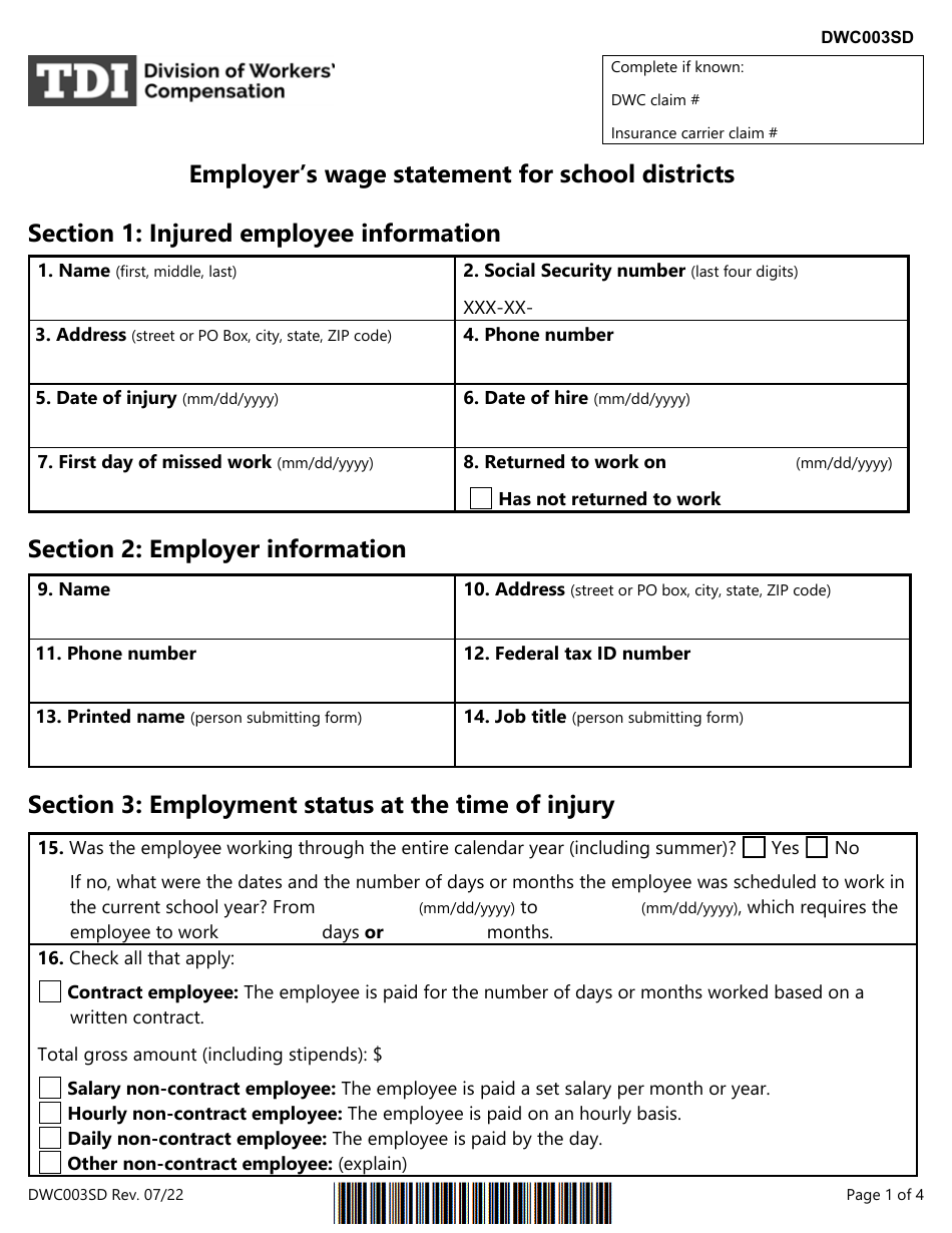 Form DWC003SD Employers Wage Statement for School Districts - Texas, Page 1