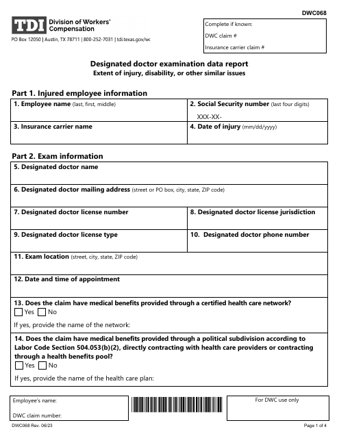 Form DWC068 Designated Doctor Examination Data Report - Texas