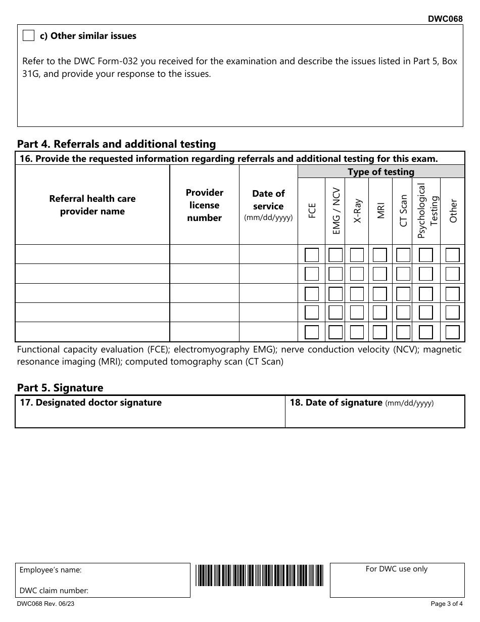 Form DWC068 Designated Doctor Examination Data Report - Texas, Page 3