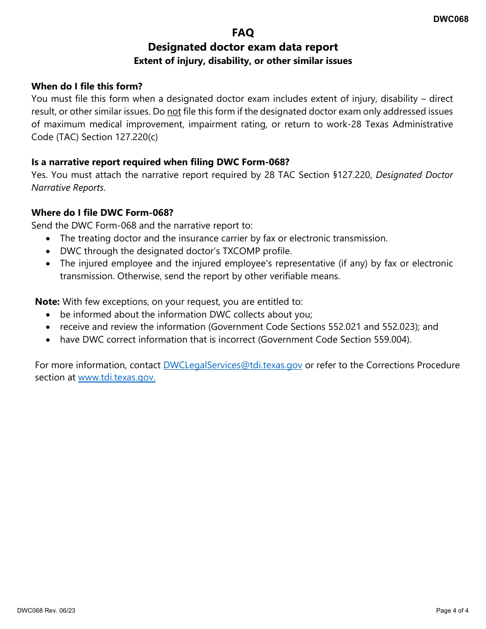 Form DWC068 Designated Doctor Examination Data Report - Texas, Page 4