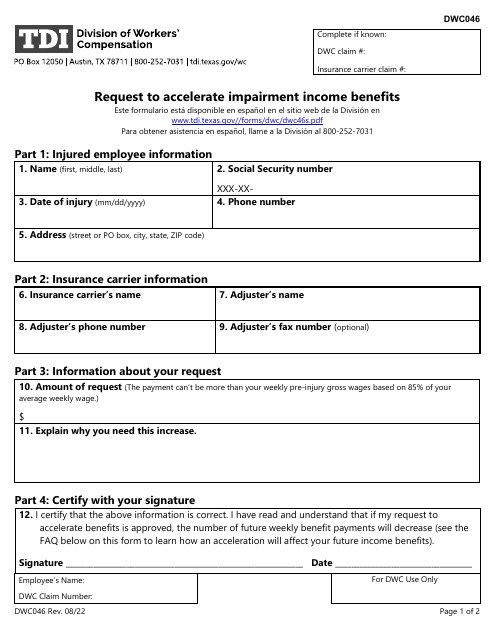 Form DWC046 Request to Accelerate Impairment Income Benefits - Texas