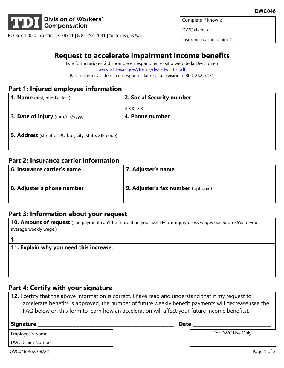 Form DWC046 Request to Accelerate Impairment Income Benefits - Texas, Page 1