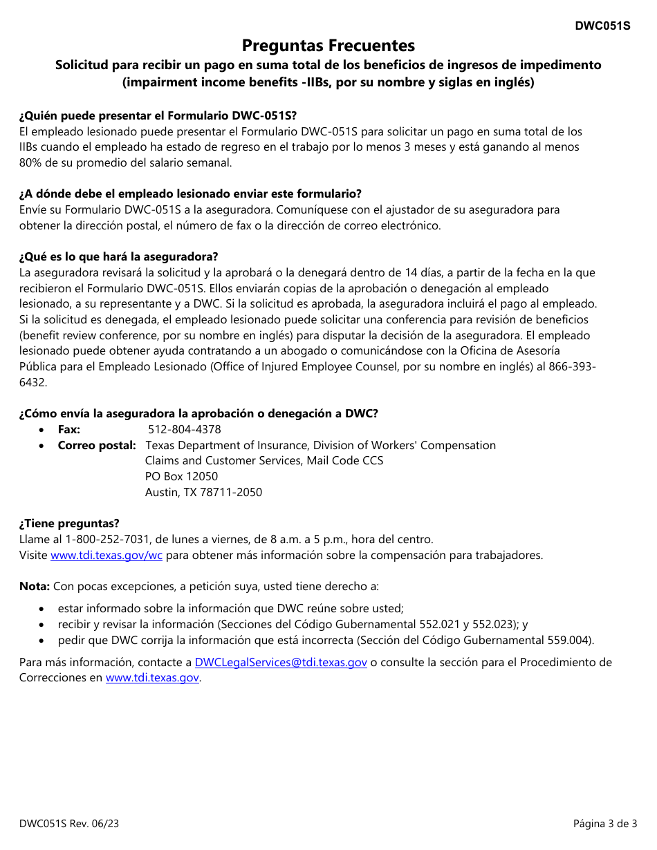 Formulario DWC051S Solicitud Para Recibir Un Pago En Suma Total De Los Beneficios De Ingresos De Impedimento (Impairment Income Benefits -iibs, Por Su Nombre Y Siglas En Ingles) - Texas (Spanish), Page 3
