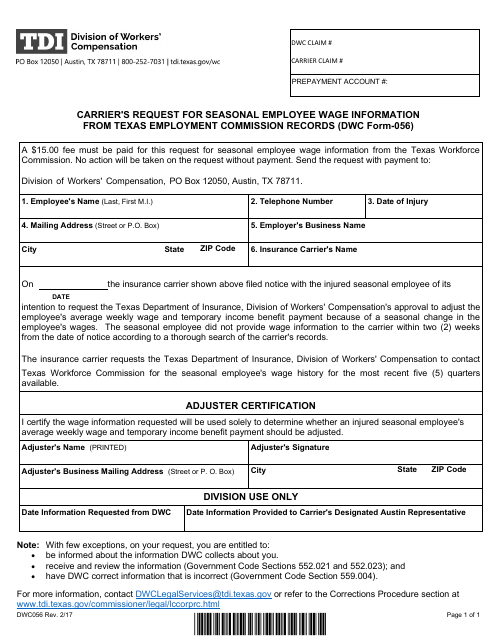 Form DWC056 Carrier's Request for Seasonal Employee Wage Information From Texas Workforce Commission Records - Texas
