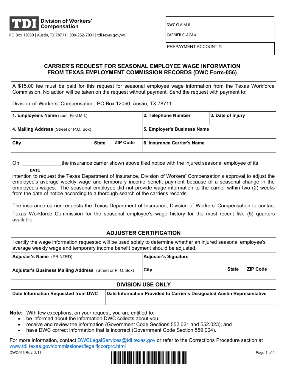 Form DWC056 Carriers Request for Seasonal Employee Wage Information From Texas Workforce Commission Records - Texas, Page 1