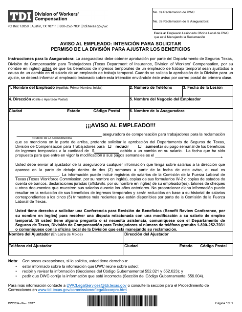 Formulario DWC054S Aviso Al Empleado: Intencion Para Solicitar Permiso De La Division Para Ajustar Los Beneficios - Texas (Spanish)