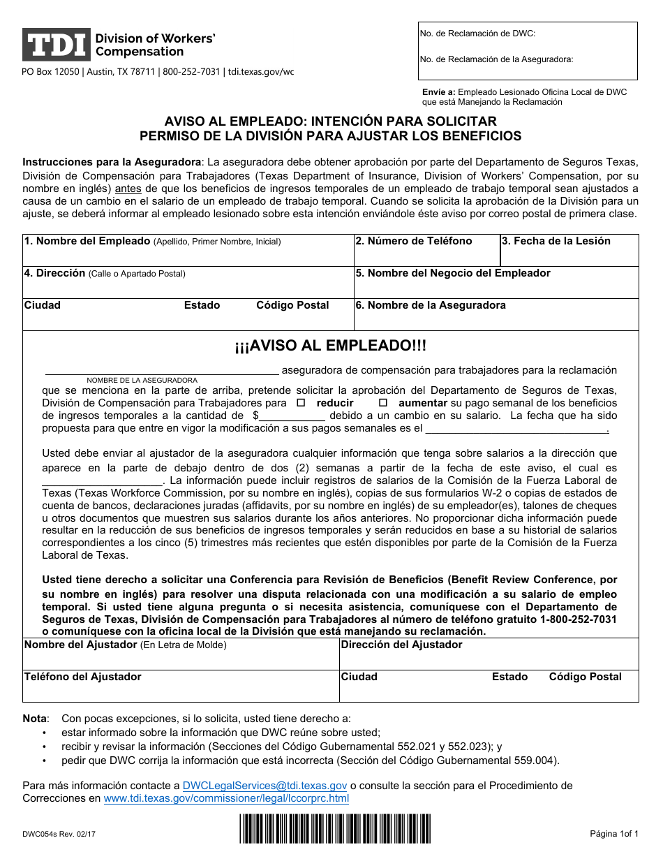 Formulario DWC054S Aviso Al Empleado: Intencion Para Solicitar Permiso De La Division Para Ajustar Los Beneficios - Texas (Spanish), Page 1
