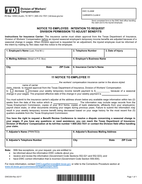 Form DWC054 Notice to Employee: Intention to Request Division Permission to Adjust Benefits - Texas