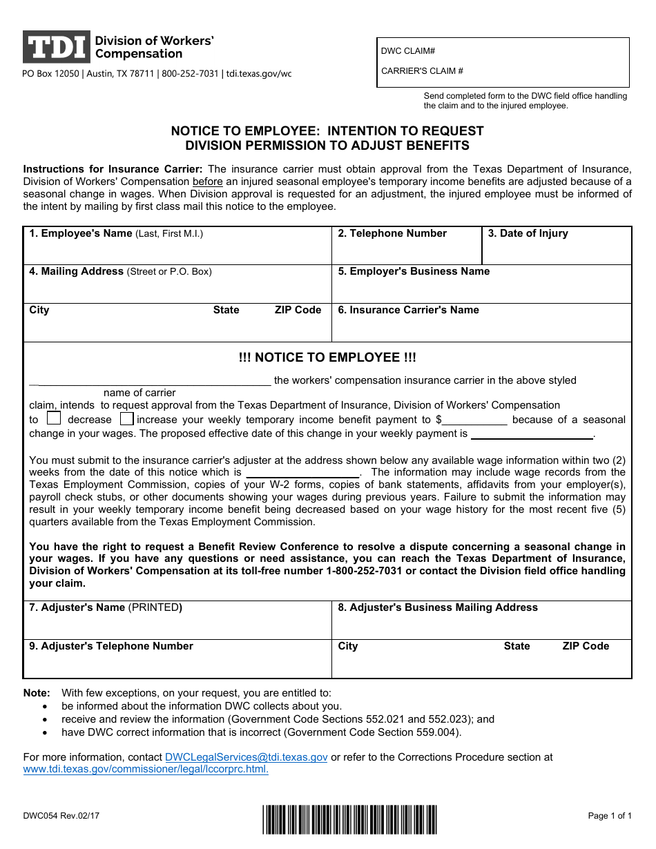 Form DWC054 Notice to Employee: Intention to Request Division Permission to Adjust Benefits - Texas, Page 1