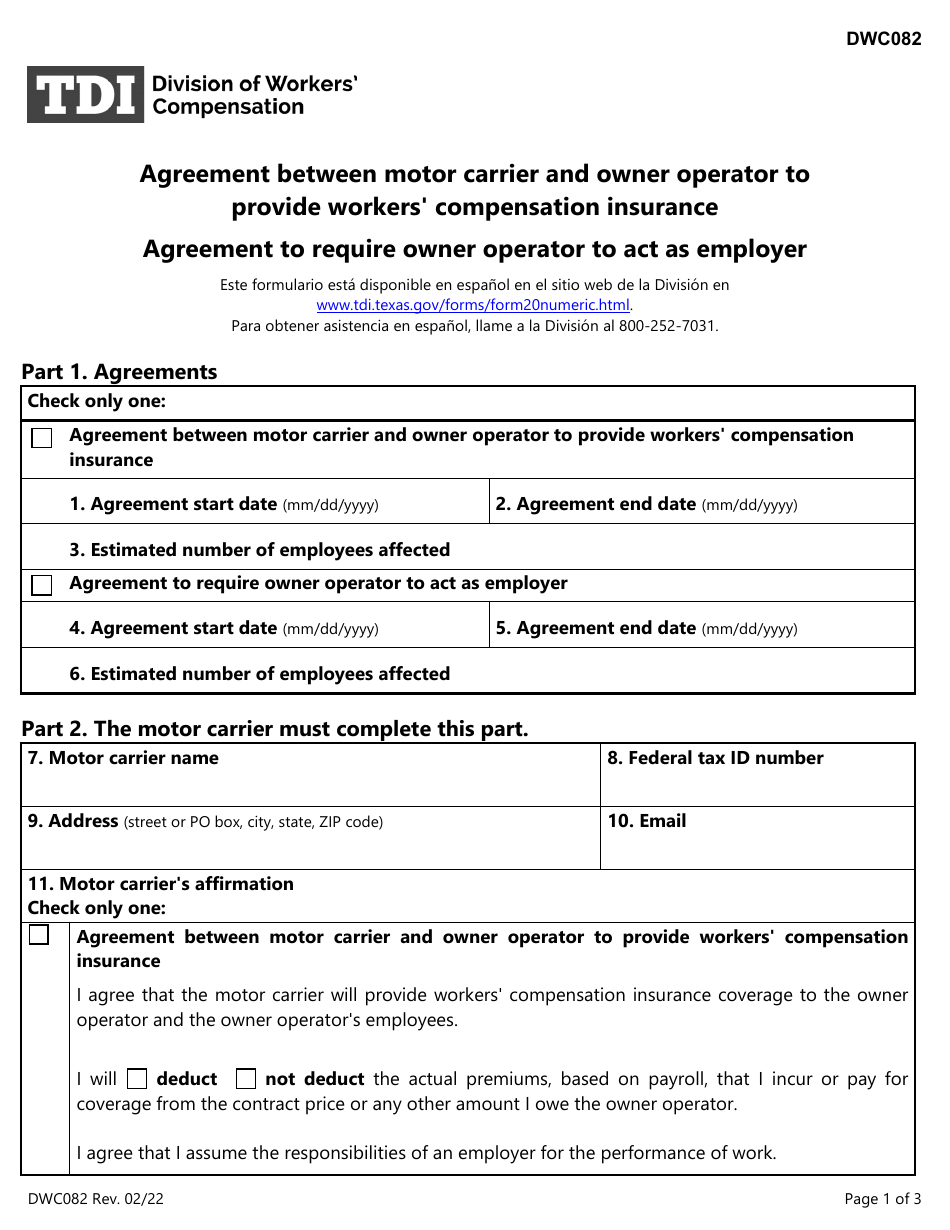 Form DWC082 Agreement Between Motor Carrier and Owner Operator to Provide Workers Compensation Insurance / Agreement to Require Owner Operator to Act as Employer - Texas, Page 1