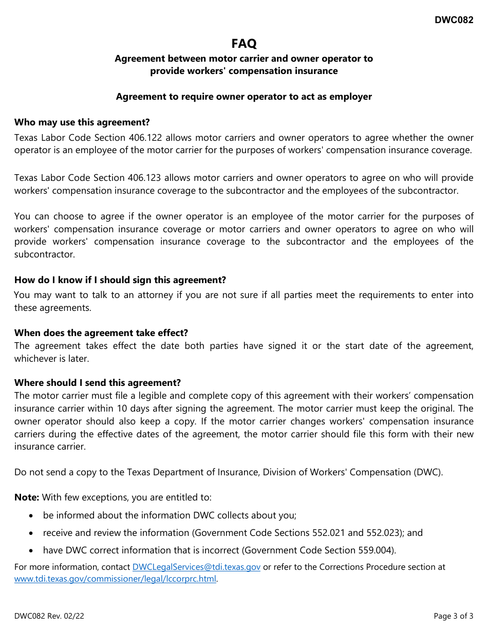 Form DWC082 Agreement Between Motor Carrier and Owner Operator to Provide Workers Compensation Insurance / Agreement to Require Owner Operator to Act as Employer - Texas, Page 3