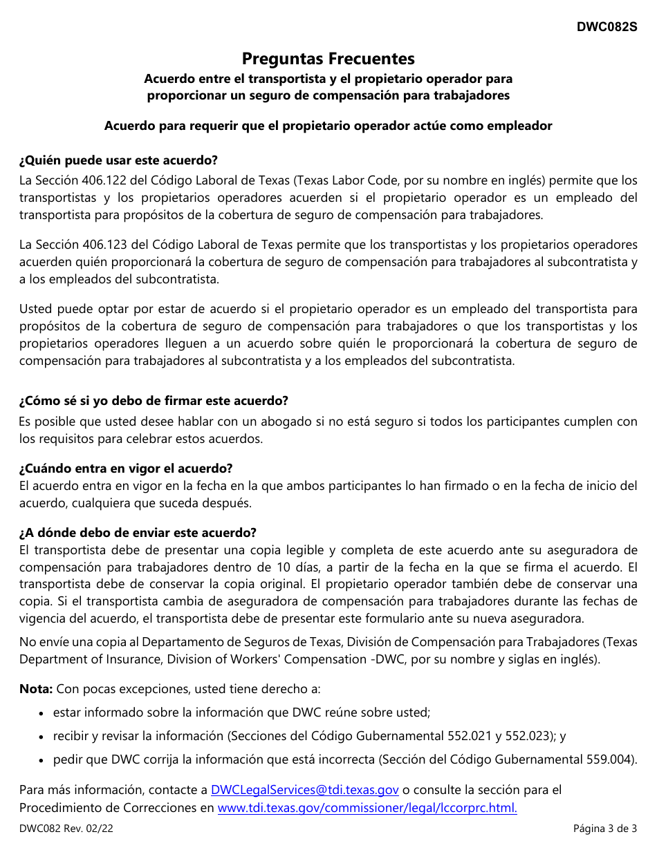 Formulario DWC082S Acuerdo Entre El Transportista Y El Propietario Operador Para Proporcionar Un Seguro De Compensacion Para Trabajadores / Acuerdo Para Requerir Que El Propietario Operador Actue Como Empleador - Texas (Spanish), Page 3