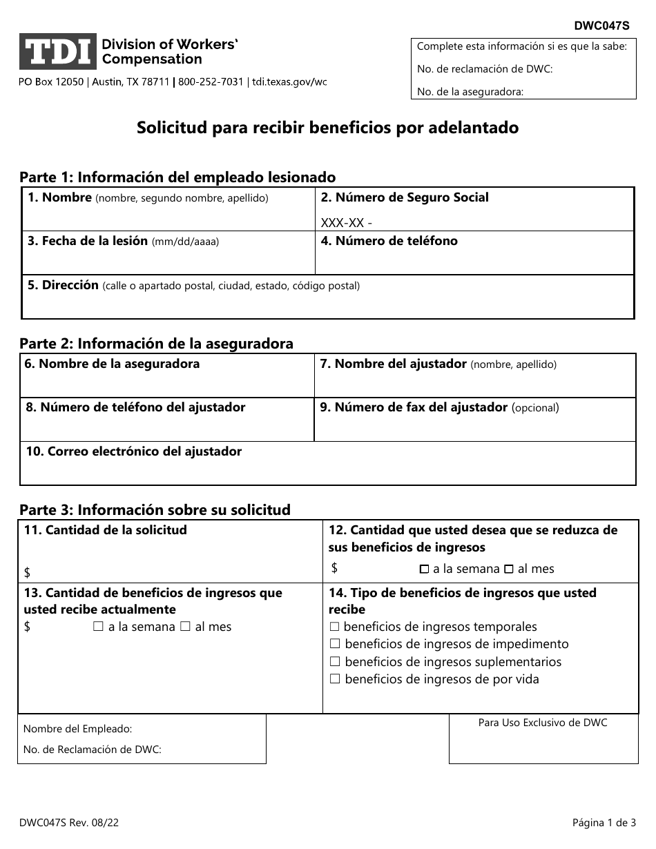 Formulario DWC047S Solicitud Para Recibir Beneficios Por Adelantado - Texas (Spanish), Page 1