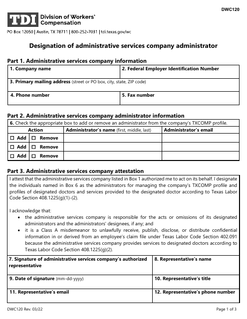 Form DWC120 Designation of Administrative Services Company Administrator - Texas