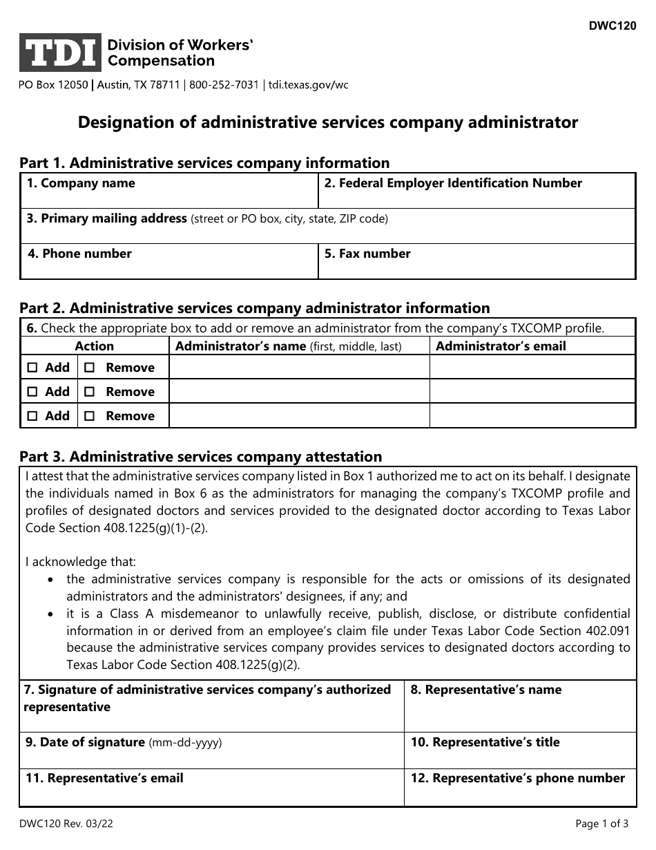 Form DWC120 Designation of Administrative Services Company Administrator - Texas, Page 1