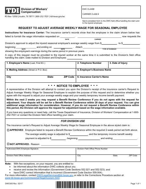 Form DWC055 Request to Adjust Average Weekly Wage for Seasonal Employee - Texas