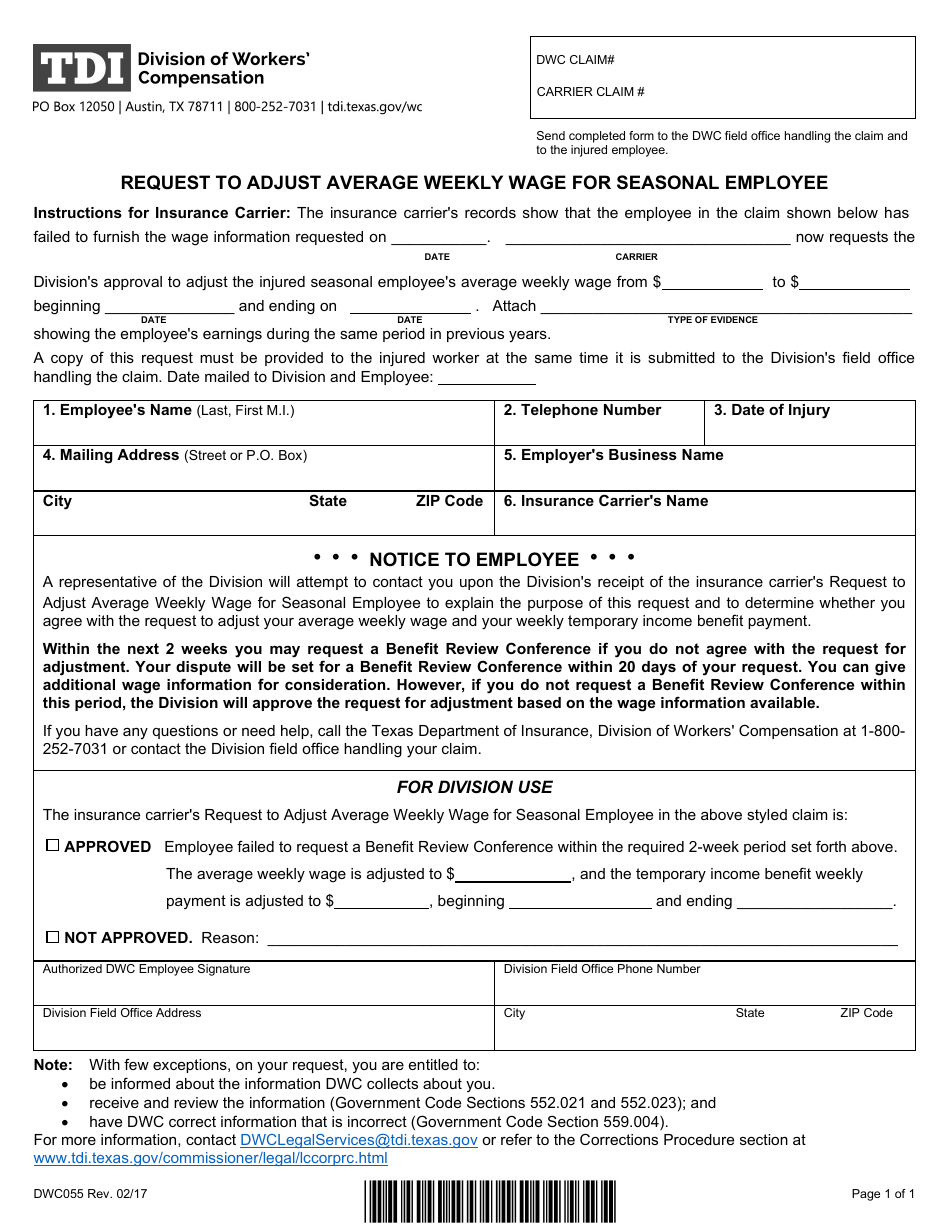 Form DWC055 Request to Adjust Average Weekly Wage for Seasonal Employee - Texas, Page 1