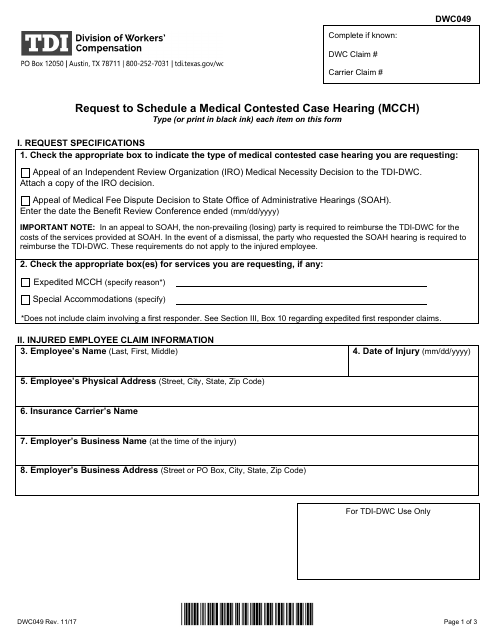 Form DWC049 Request to Schedule a Medical Contested Case Hearing (Mcch) - Texas
