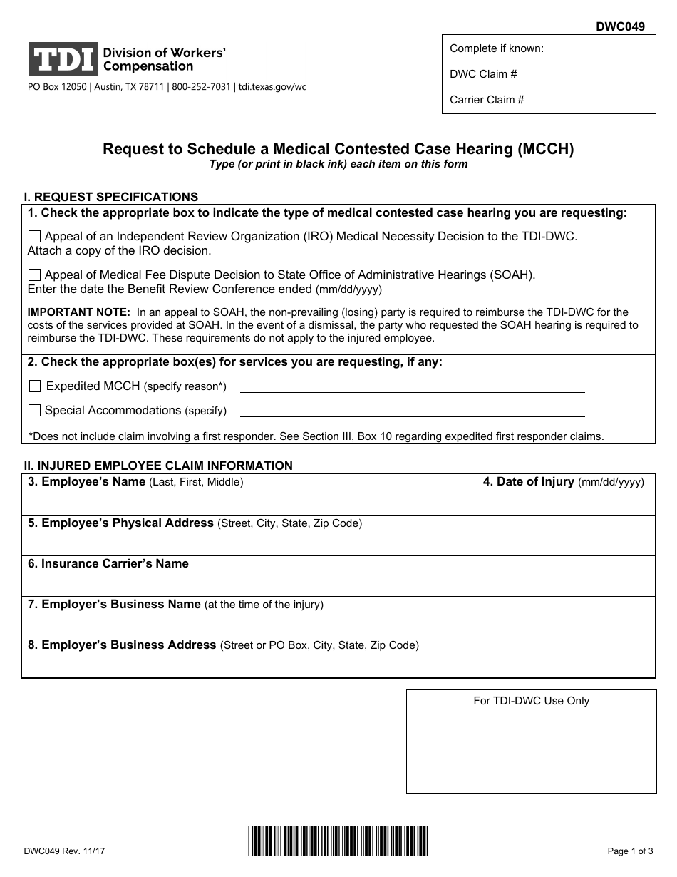 Form DWC049 Request to Schedule a Medical Contested Case Hearing (Mcch) - Texas, Page 1